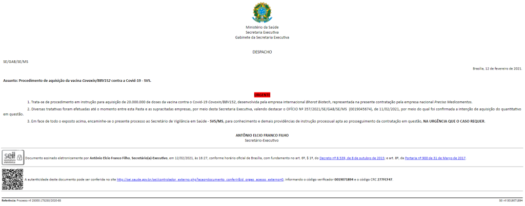 Coronel Elcio Franco pediu urgência na compra da Covaxin