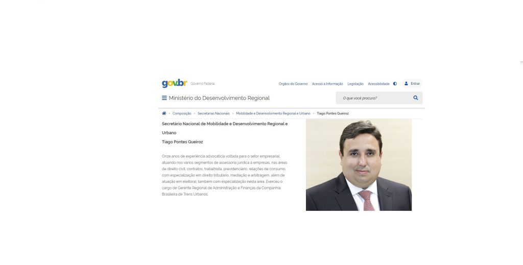 Quase um mês após exoneração, Tiago Queiroz continua no site do Ministério do Desenvolvimento Regional