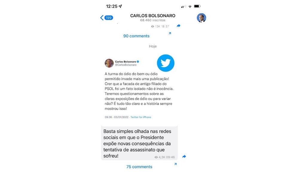 Mensagem de Carlos Bolsonaro para mobilizar militância