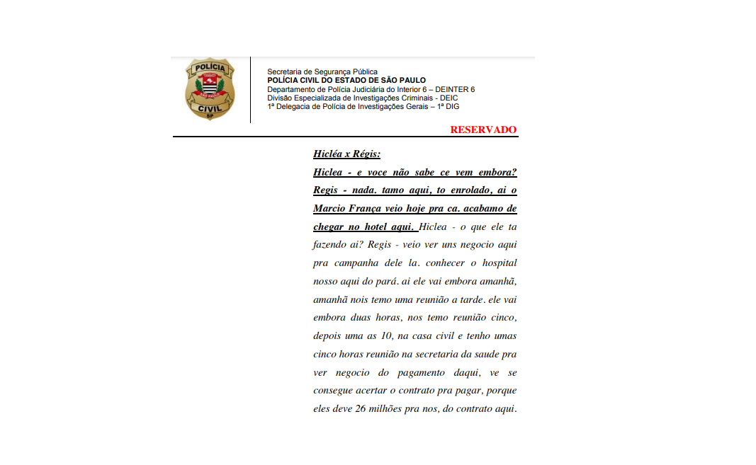 O diálogo envolve Régis Soares Pauletti, gerente administrativo da Associação da Irmandade da Santa Casa de Misericórdia de Pacaembu, e sua companheira, Hicléa, segundo a Polícia Civil de SP.