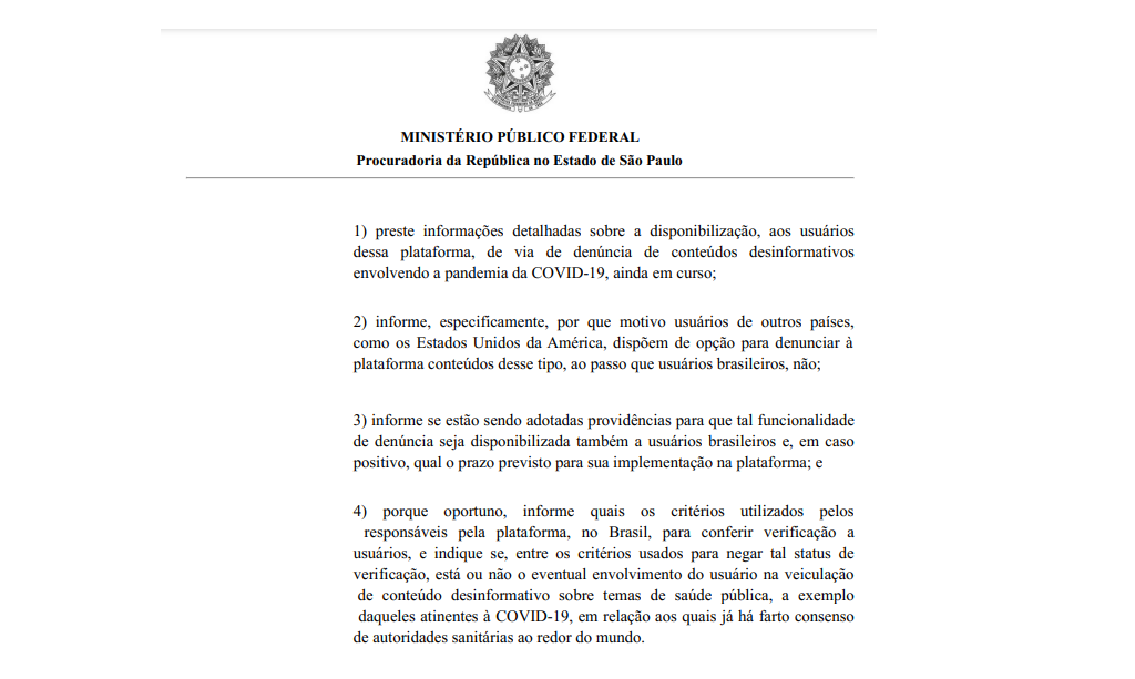Exigências feitas pelo procurador Yuri Corrêa da Luz ao Twitter