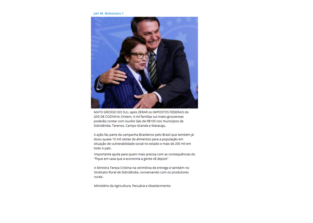 Bolsonaro acena para Tereza Cristina