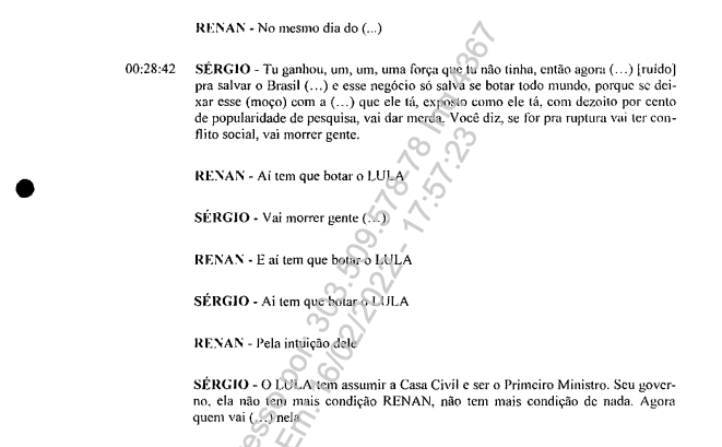 Diálogo entre Renan Calheiros e Sérgio Machado que foi apresentado ao STF pela PGR em 2016.