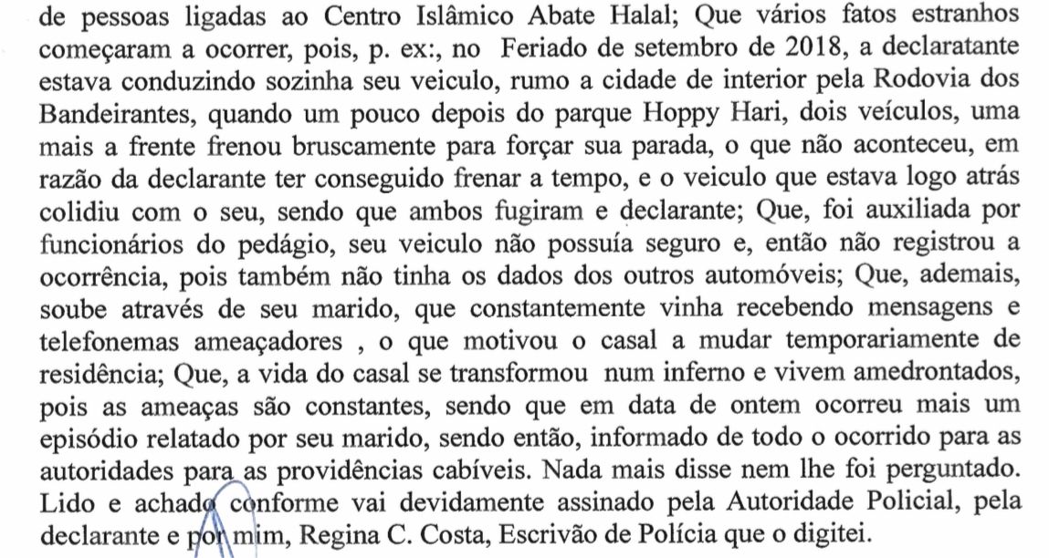Trecho do depoimento da esposa