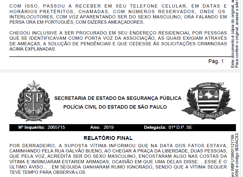 Trecho de relatório da Polícia Civil